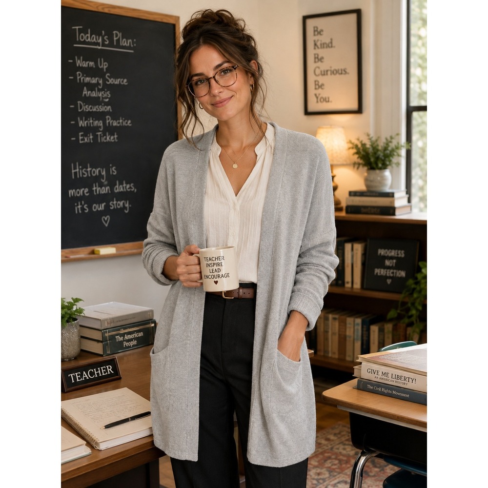 DONNI Grey Ribbed Open‎ Front Cardigan OSFA Striped Long Sleeve Pocket Sweater